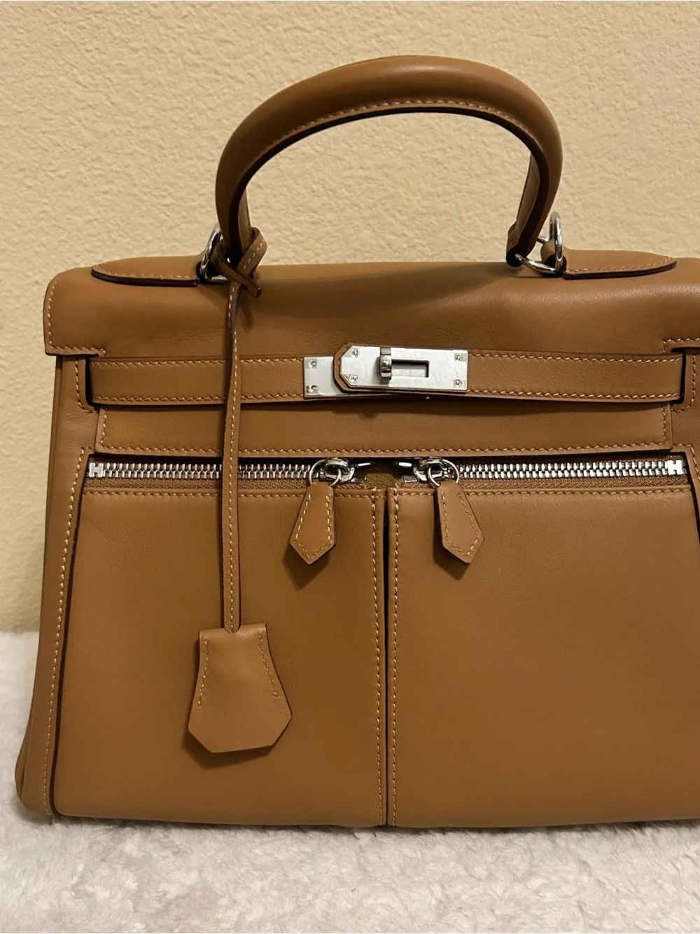 28cm Biscuit Top Handle Double Front Pocket Leather Satchel
